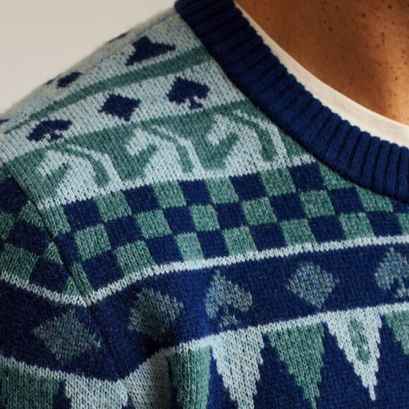 NWT $129 BONOBOS Wool Cards Poker Chess Game Night Blue Crew Neck Sweater MEDIUM - Picture 2 of 5